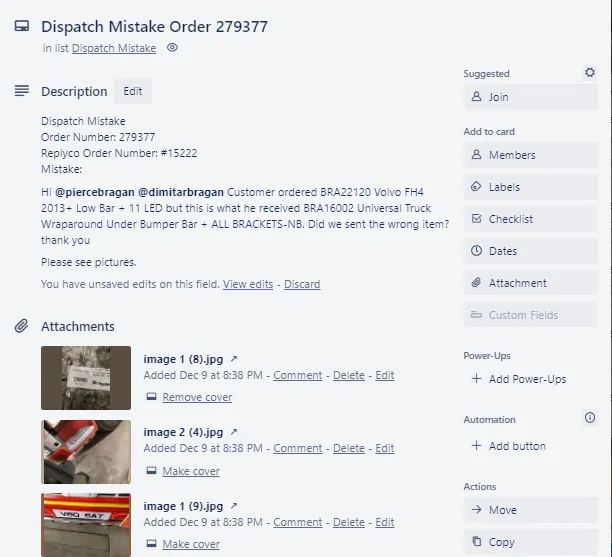Fig. 3 — Dispatch Mistake Template Card