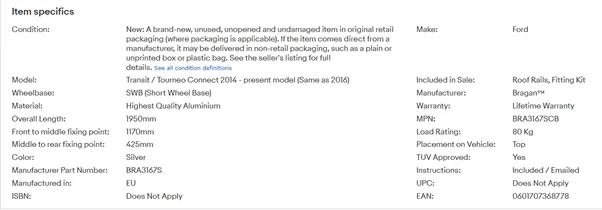 Fig. 4 — - Item Specifications in an eBay listing