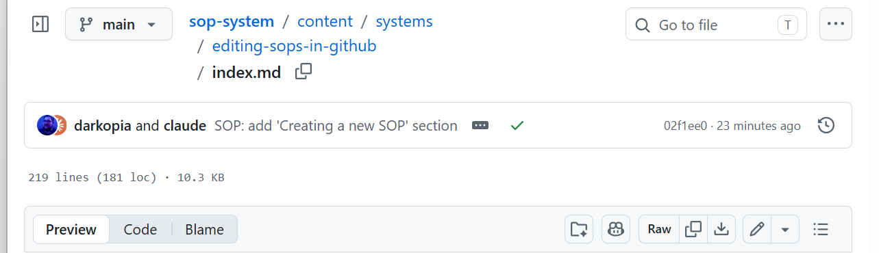 Fig. 2 — Open a SOP's index.md and click the ✏️ pencil (Edit) in the toolbar to edit it by hand.