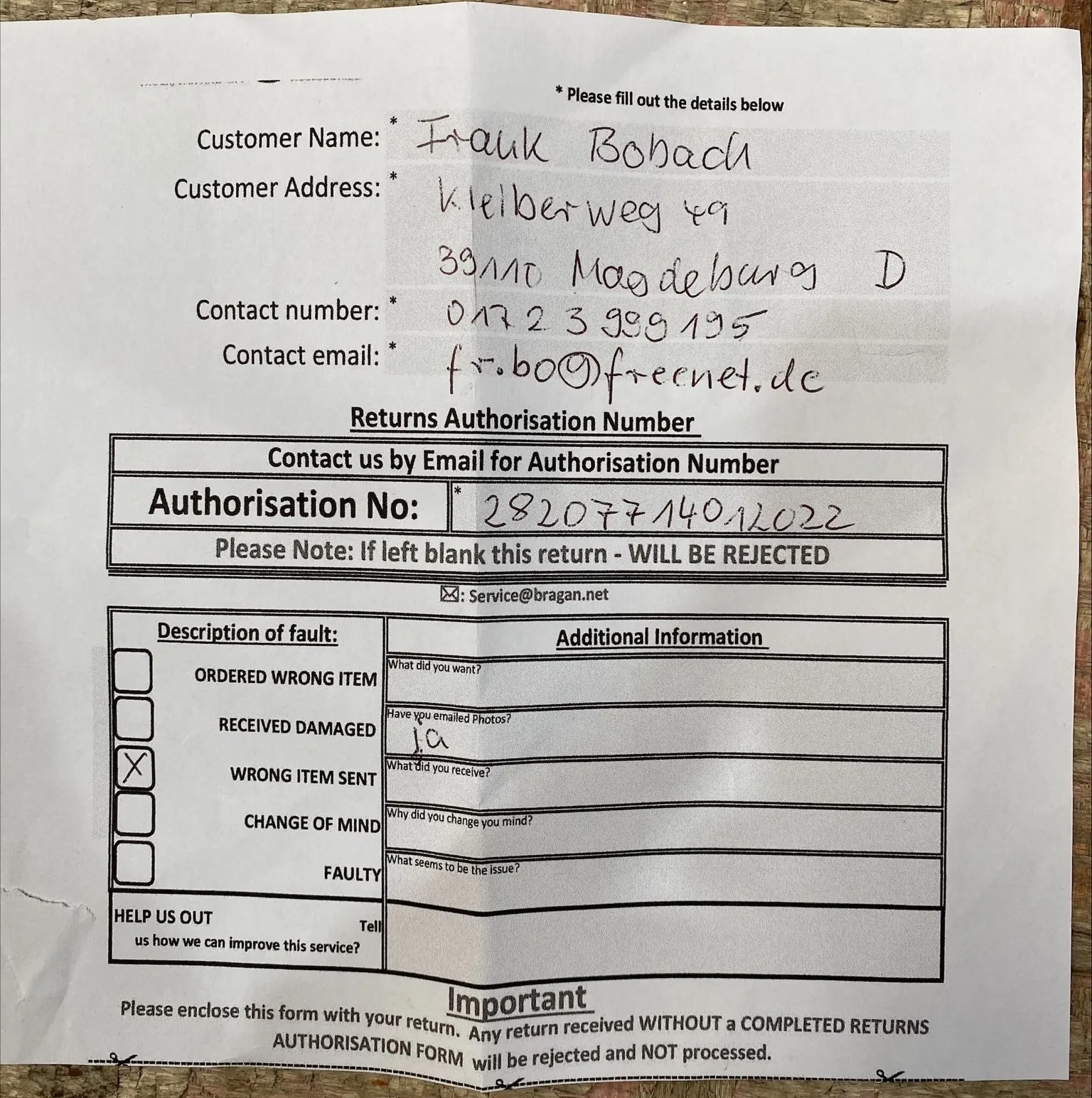 Fig. 2 — below shows a sample of our return form. If there is communication in the